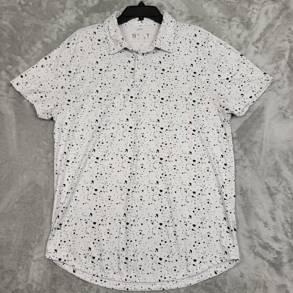 BYLT Performance Polo Shirt Mens Medium White Active Golf Paint Splatter Print